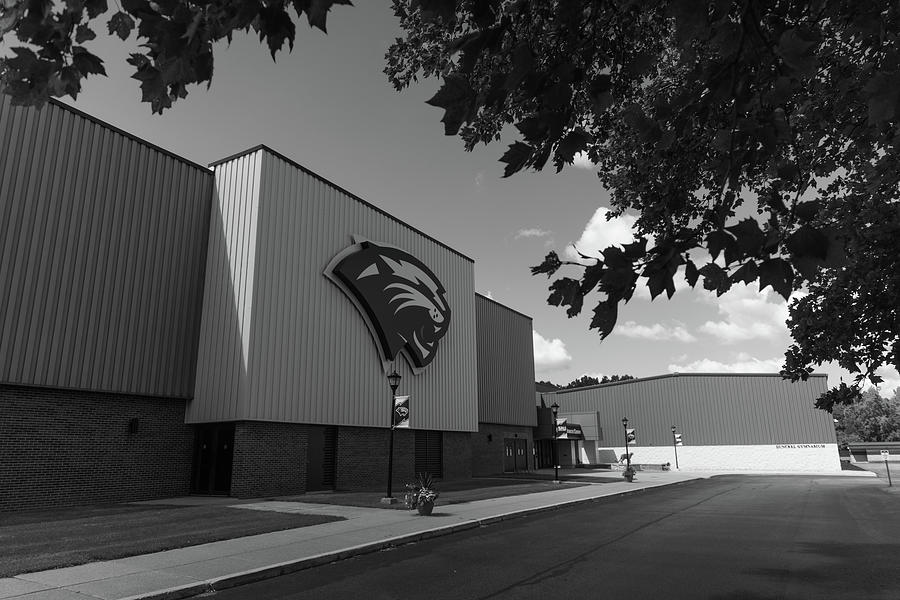 McDonald Stadium at Spring Arbor University in black and white