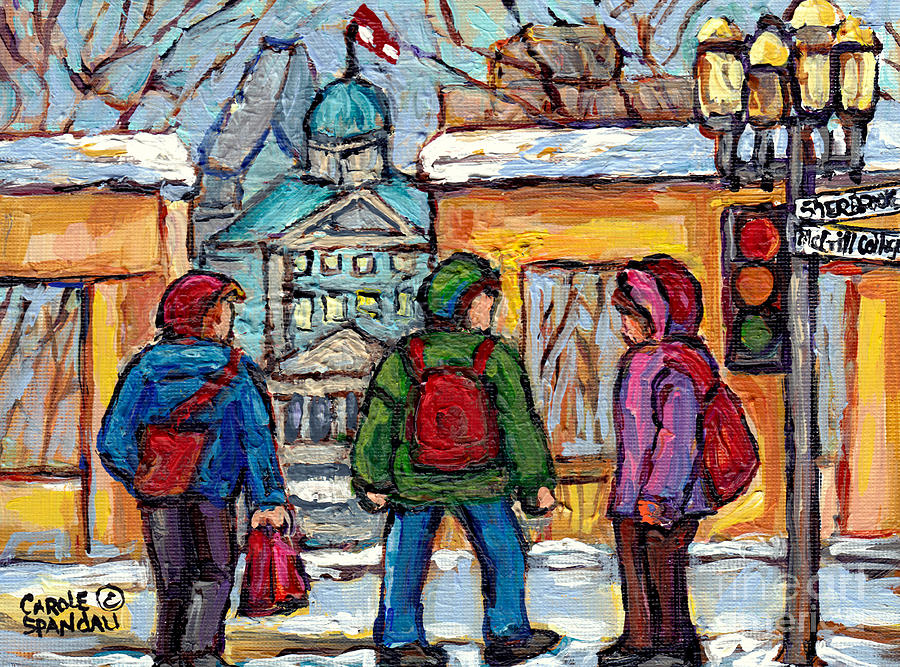 Mcgill Uniiversity Students Roddick Gates To Hall Building Montreal Winter C Spandau Artiste Peintre Painting by Carole Spandau