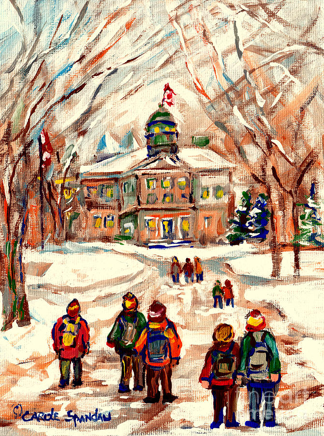 Mcgill University Campus Students Snowy Stroll Best Montreal Winter Scenes C Spandau Canadian Artist Painting by Carole Spandau