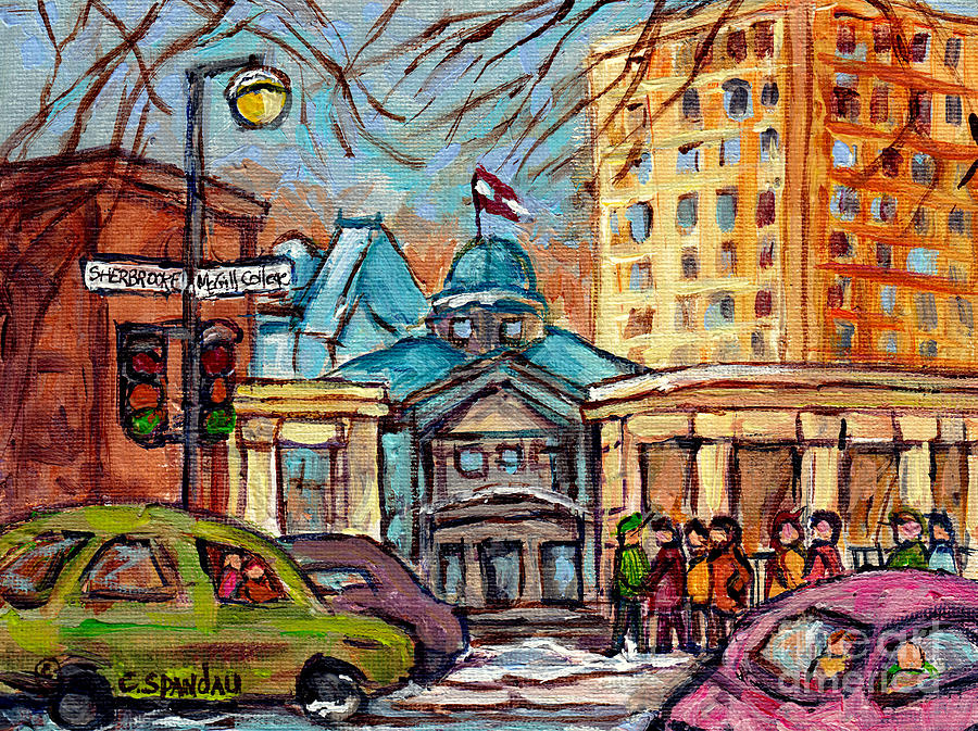 Mcgill University Roddick Gates Montreal Winterscene Canadian Artist Cspandau Quebec Artiste Peintre Painting by Carole Spandau