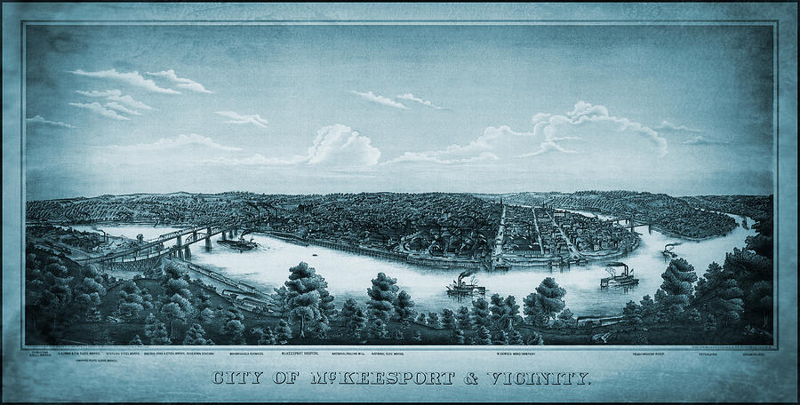 Vintage Photograph - McKeesport Pennsylvania Vintage Map Birds Eye View 1893 Blue  by Carol Japp