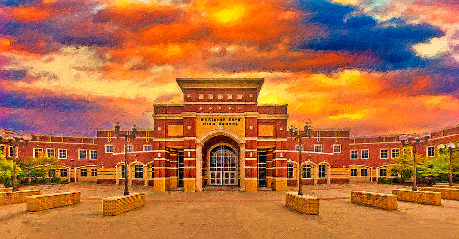 McKinney Boyd High School at sunset - digital painting Digital Art by Nicko Prints