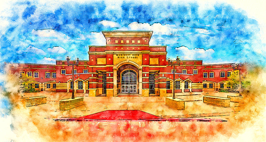 McKinney Boyd High School - pen and watercolor Digital Art by Nicko Prints