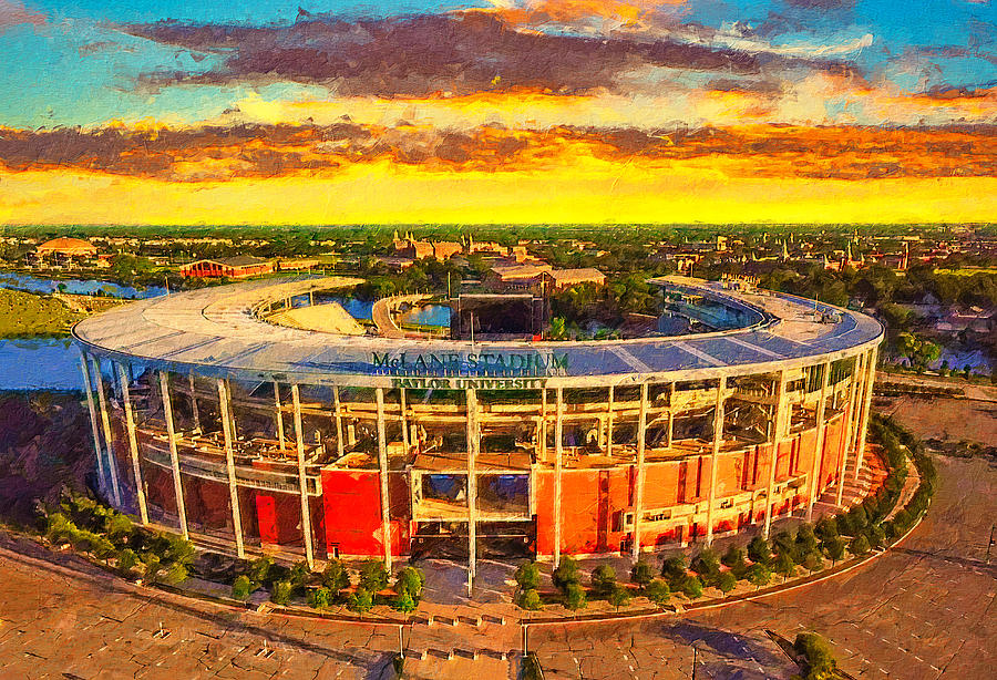 McLane Stadium of the Baylor University in Waco, Texas, at sunset Digital Art by Nicko Prints