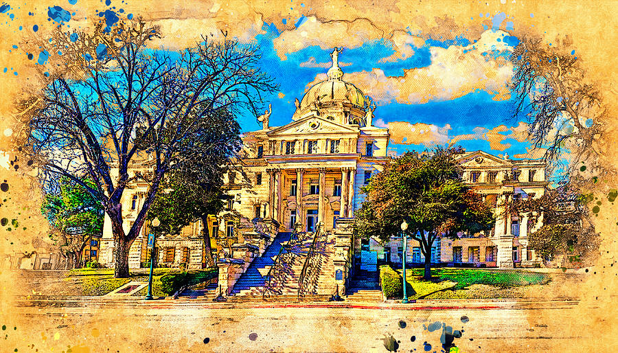 McLennan County Courthouse in Waco, Texas - digital painting with vintage look Digital Art by Nicko Prints