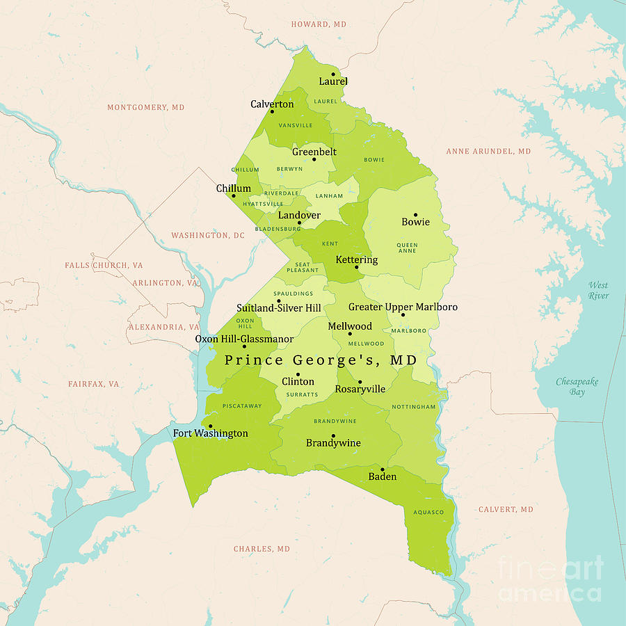 Map Digital Art - MD Prince Georges County Vector Map Green by Frank Ramspott