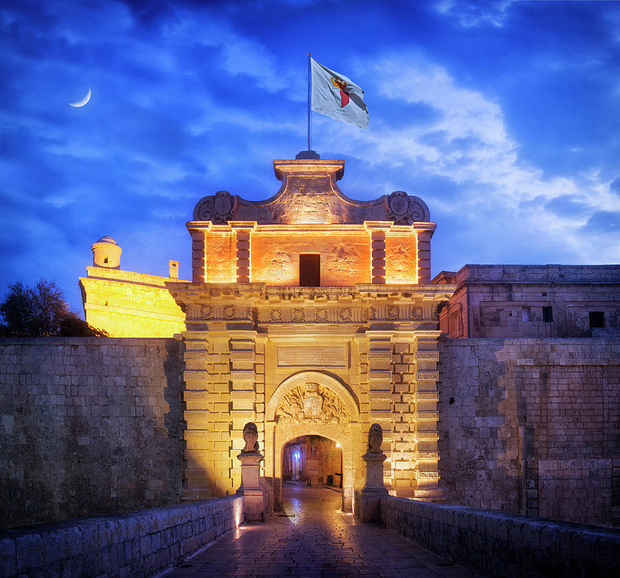 Mdina city gate at blue hour - Cityscape photo Photograph by Stephan Grixti