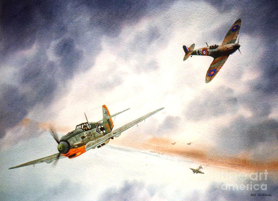 ME109 And Spitfire MK1 Aircraft Painting by Bill Holkham