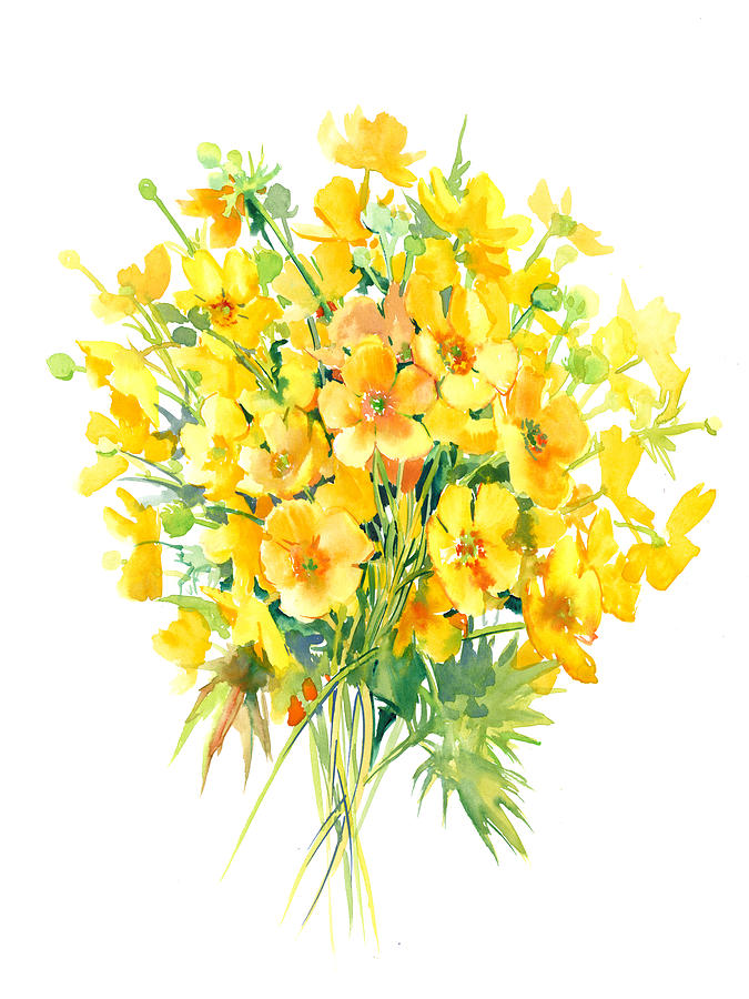 Meadow Buttercup Flowers, Yellow floral art Painting by Suren Nersisyan