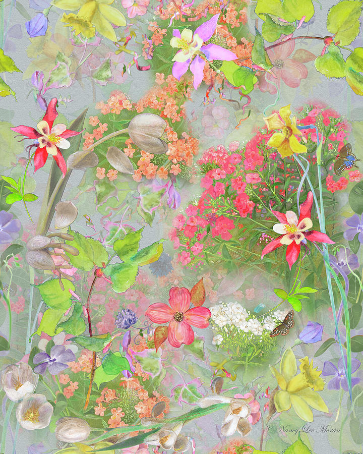 Meadow Flowers on Silvery Gray Background Mixed Media by Nancy Lee Moran