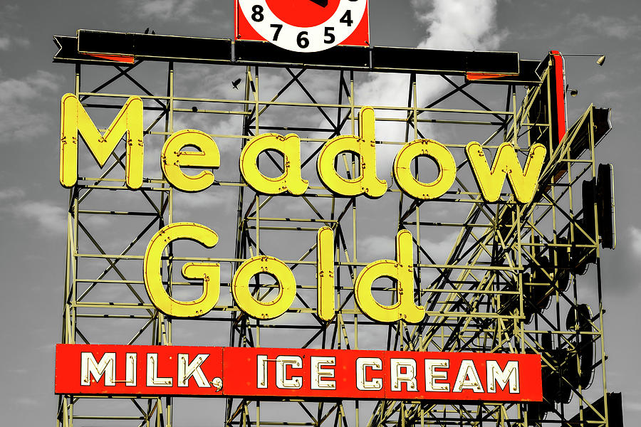 Meadow Gold Neon Along Route 66 - Tulsa Oklahoma Selective Color Photograph by Gregory Ballos