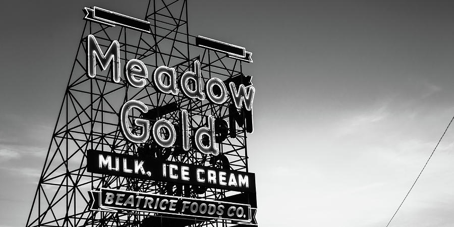 Black And White Photograph - Meadow Gold Neon Panorama Along Tulsas Route 66 - Black and White by Gregory Ballos