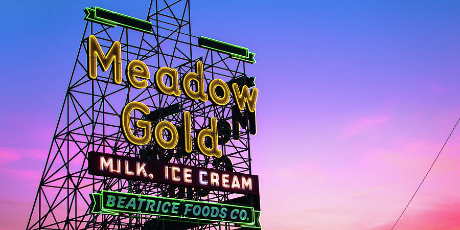 America Photograph - Meadow Gold Neon Panorama Along Tulsas Route 66 by Gregory Ballos
