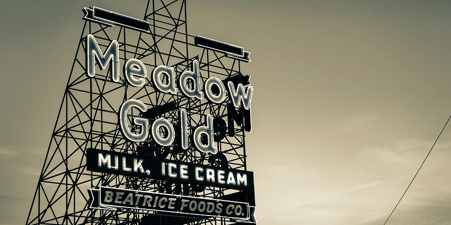 America Photograph - Meadow Gold Neon Panorama Along Tulsas Route 66 - Sepia by Gregory Ballos
