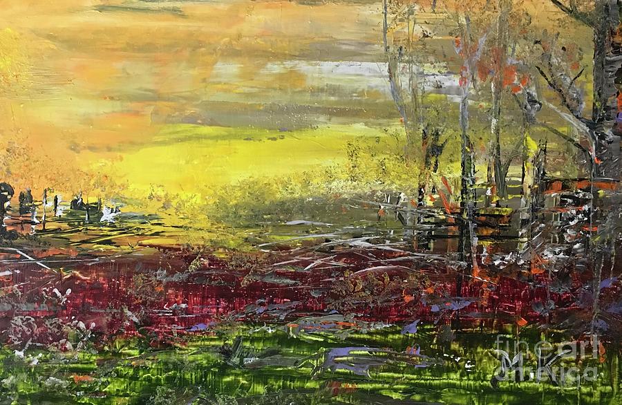 Meadow in sunset  Painting by Maria Karlosak