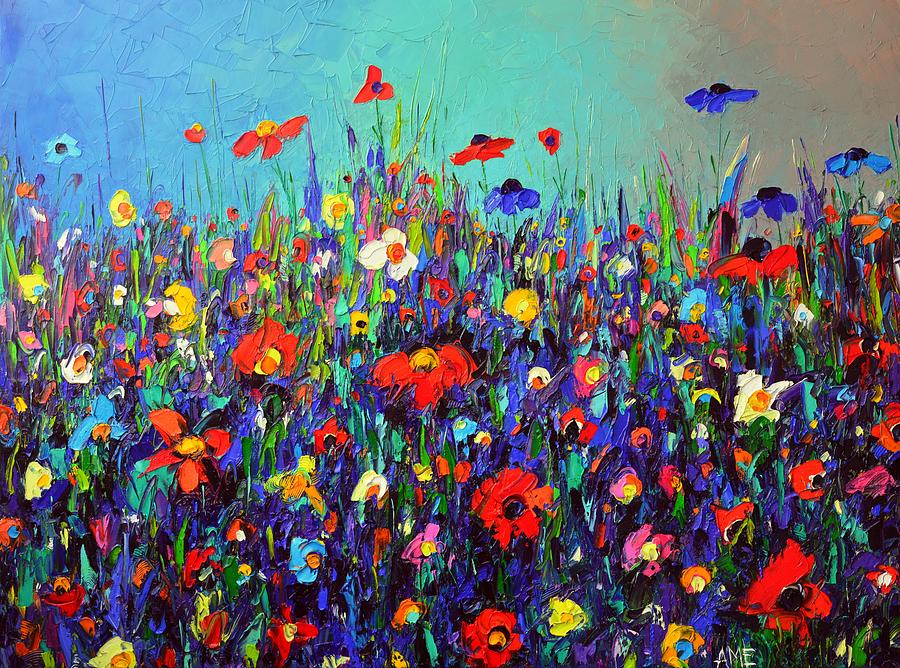 MEADOW OF COLORFUL WILDFLOWERS textural impasto palette knife oil painting Ana Maria Edulescu Painting by Ana Maria Edulescu