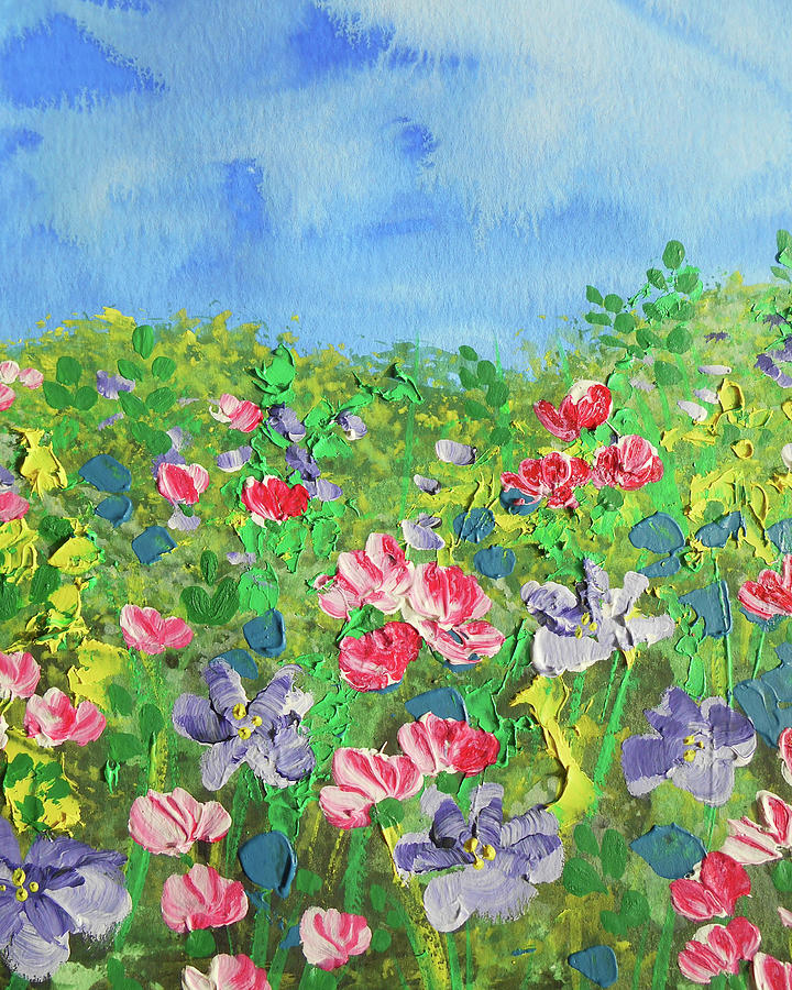 Meadow With Pink Purple And Yellow Flowers Contemporary Decorative Art VII Painting by Irina Sztukowski