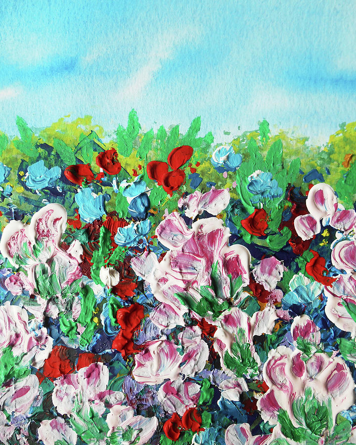 Meadow With Pink Red Blue Flowers Contemporary Decorative Art I Painting by Irina Sztukowski