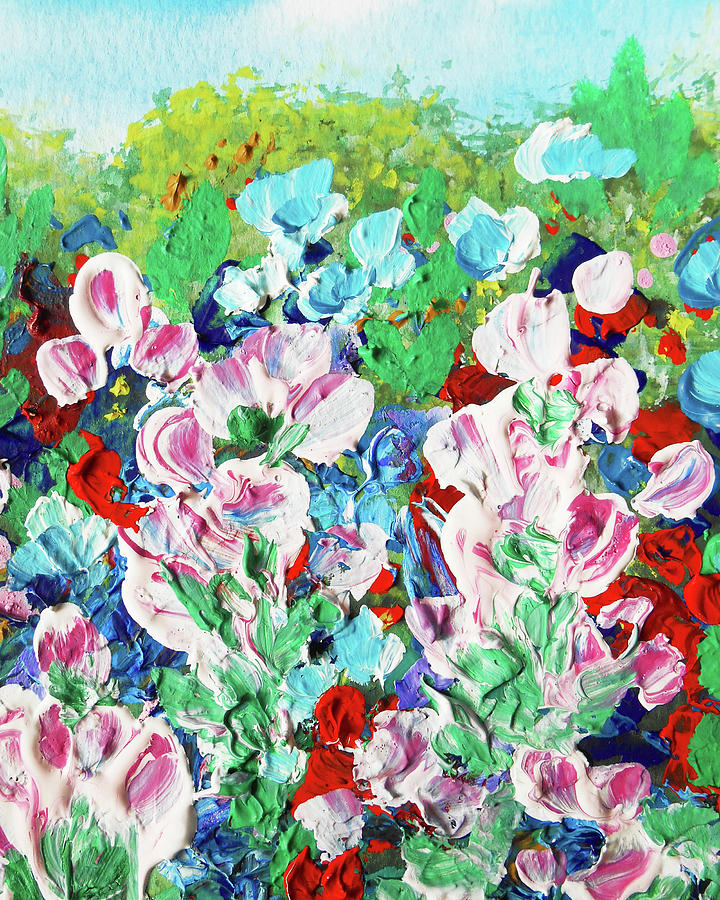 Meadow With Pink Red Blue Flowers Contemporary Decorative Art II Painting by Irina Sztukowski