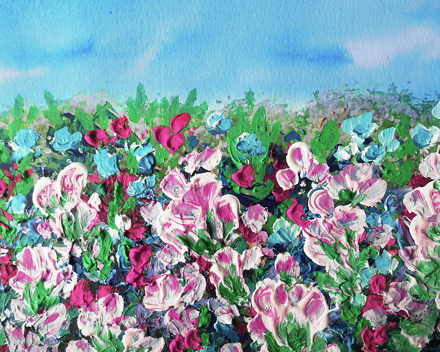 Meadow With Pink White Blue Flowers Contemporary Decorative Art V Painting by Irina Sztukowski