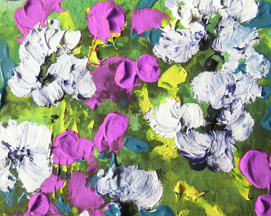 Meadow With Pink White Blue Yellow Flowers Contemporary Decorative Art  Painting by Irina Sztukowski