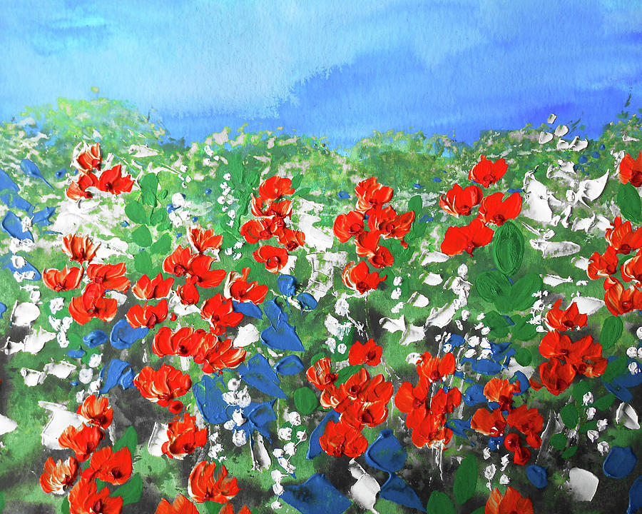 Meadow With Red Blue And White Flowers Contemporary Decorative Art VIII Painting by Irina Sztukowski