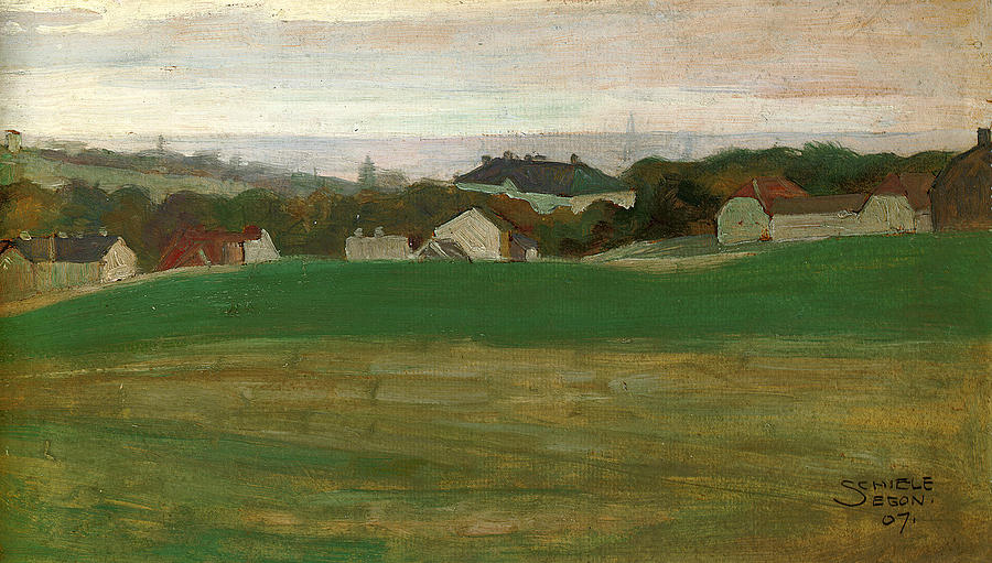 Meadow with village in the background II Painting by Egon Schiele