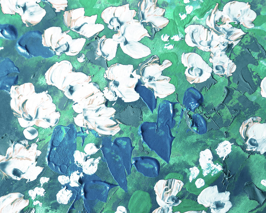 Meadow With White And Teal Blue Flowers Contemporary Decorative Art I Painting by Irina Sztukowski