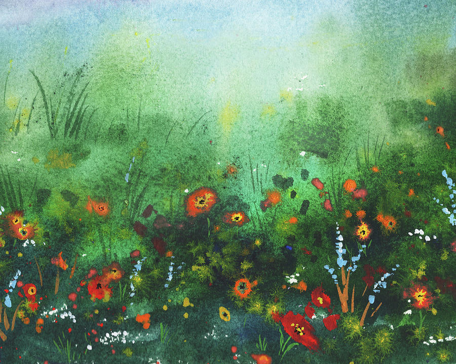 Meadow With Wildflowers Foggy Green Field Watercolor landscape  Painting by Irina Sztukowski