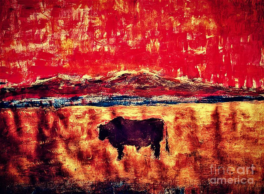 Mean Black Angus Bull on Corrinne Utah West Desert Painting by Richard W Linford