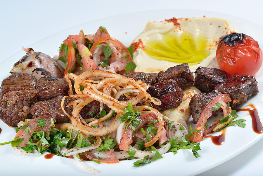 Meat kabab arabic food with kubus and hummus Photograph by Naufalmq