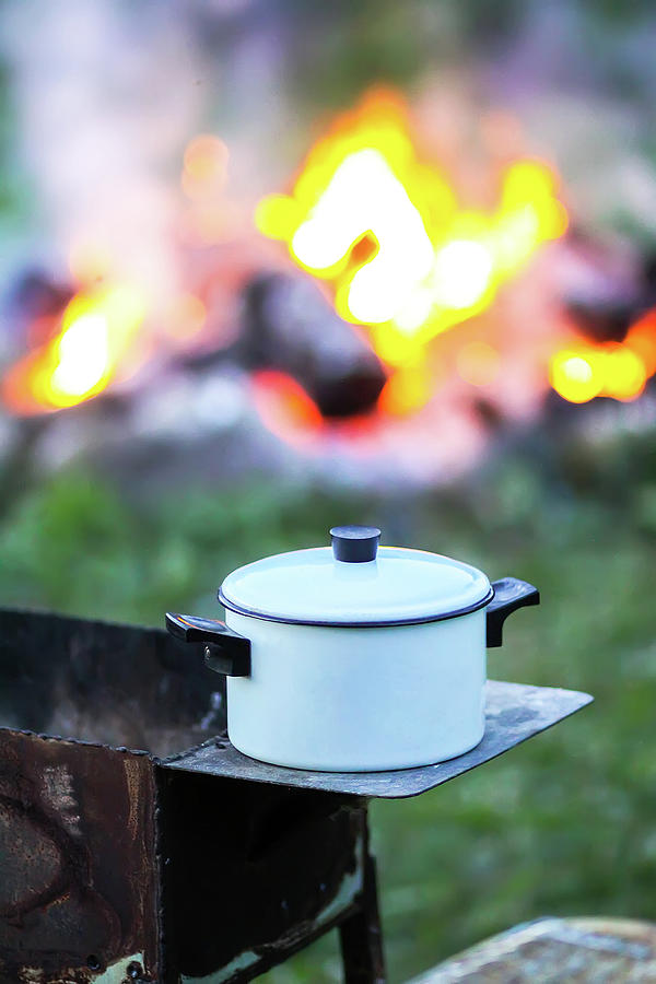 Chicken Photograph - Meat on the grill and white pan on the brazier on bonfire background by Olga Strogonova