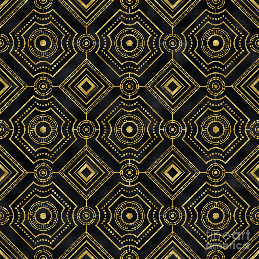 Mechanica - Gold Black Art Deco Seamless Pattern Digital Art by Sambel Pedes