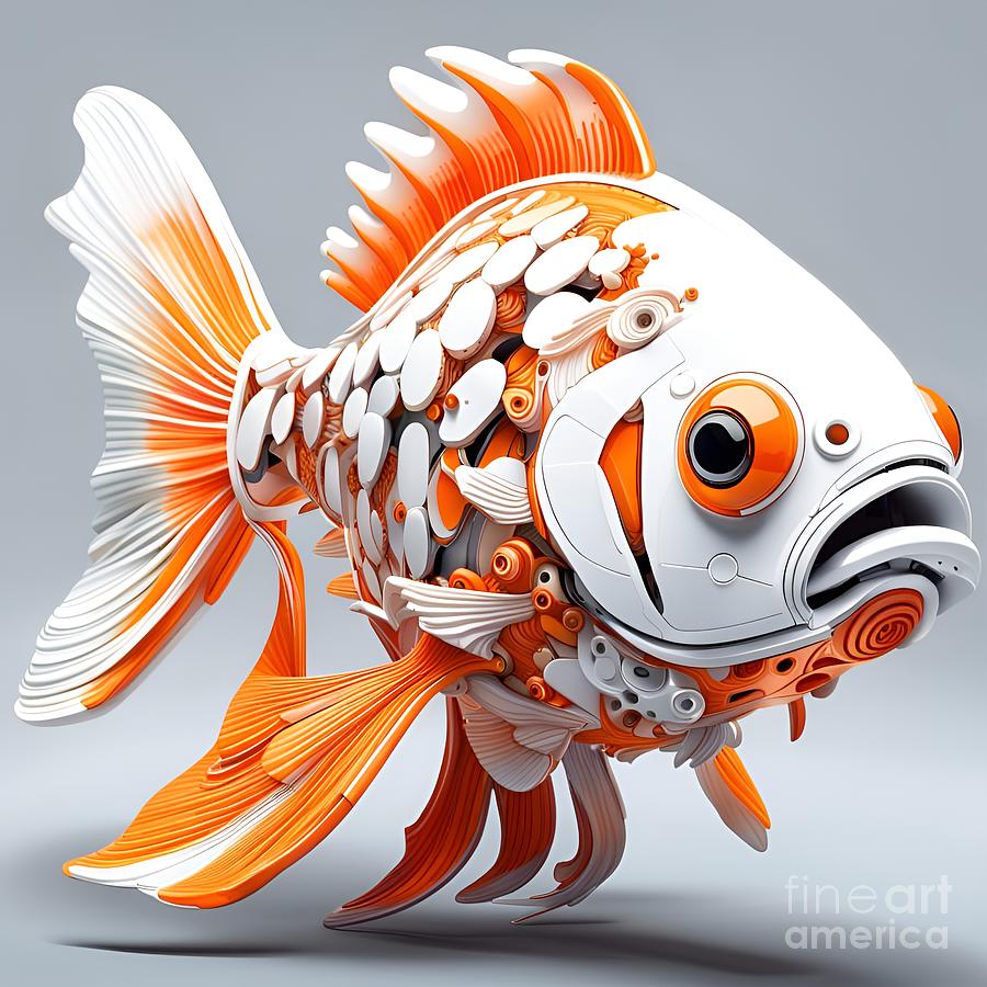 Mechanical Elegance - Biomorphic Goldfish Sculpture in White and Orange Digital Art by Artvizual