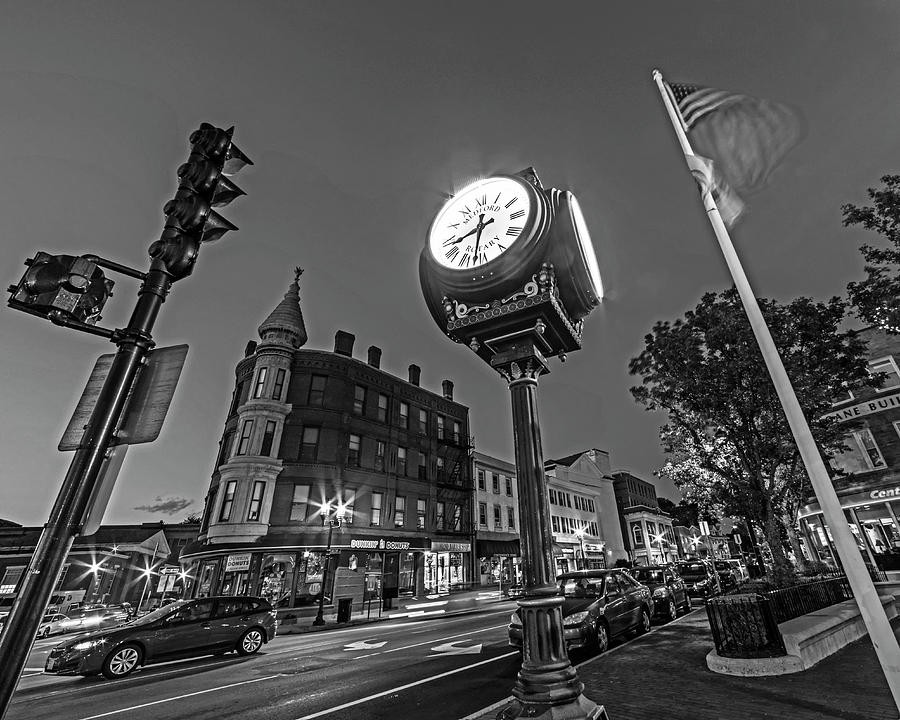 Medford Massachusetts Clock and Bigelow Building at Dusk Black and White Photograph by Toby McGuire