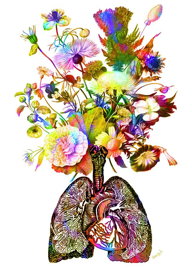 Medical Heart and Lungs with Bouquet Painting by Ann Leech