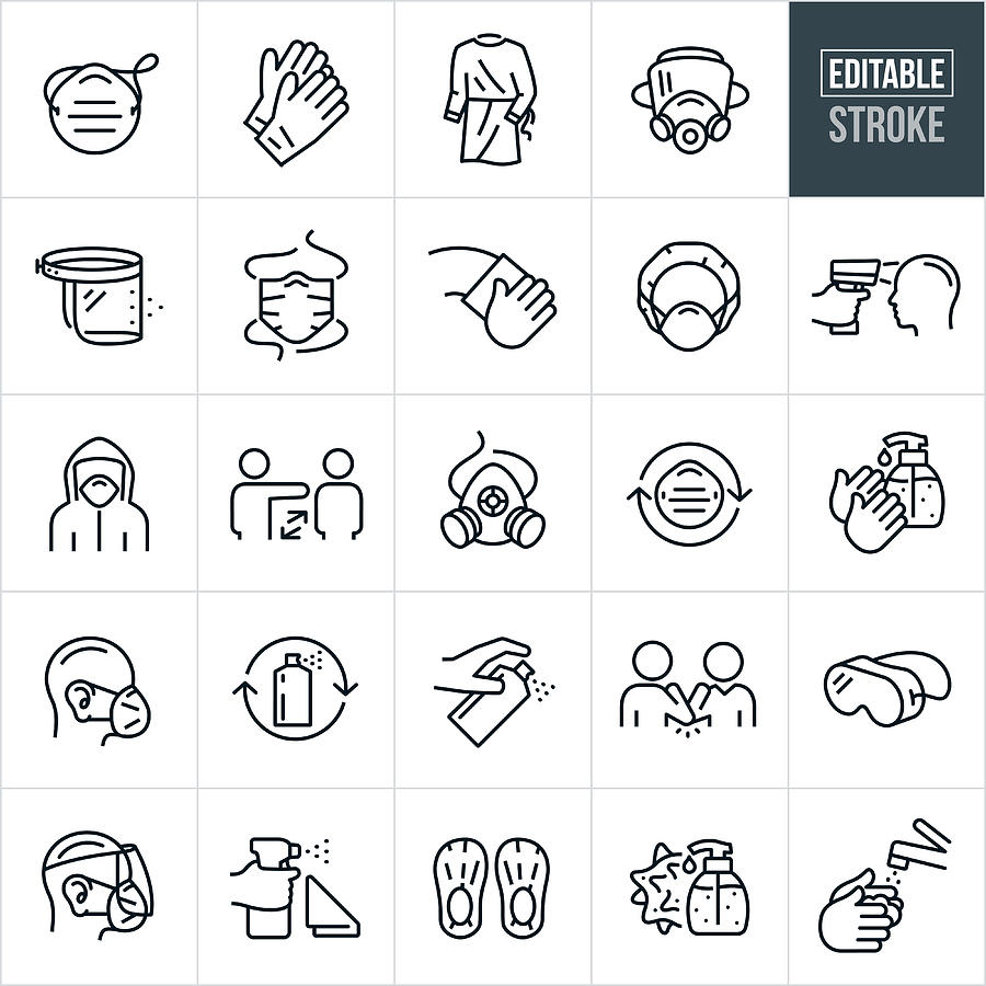Medical Personal Protective Equipment Thin Line Icons - Editable Stroke Drawing by Appleuzr