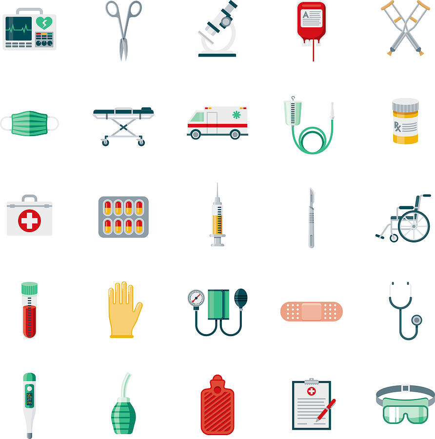 Medical Supplies Flat Design Icon Set Drawing by Bortonia