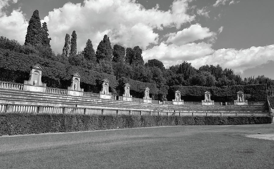 Medici Boboli Gardens Amphitheater Florence Italy Black and White Photograph by Shawn OBrien
