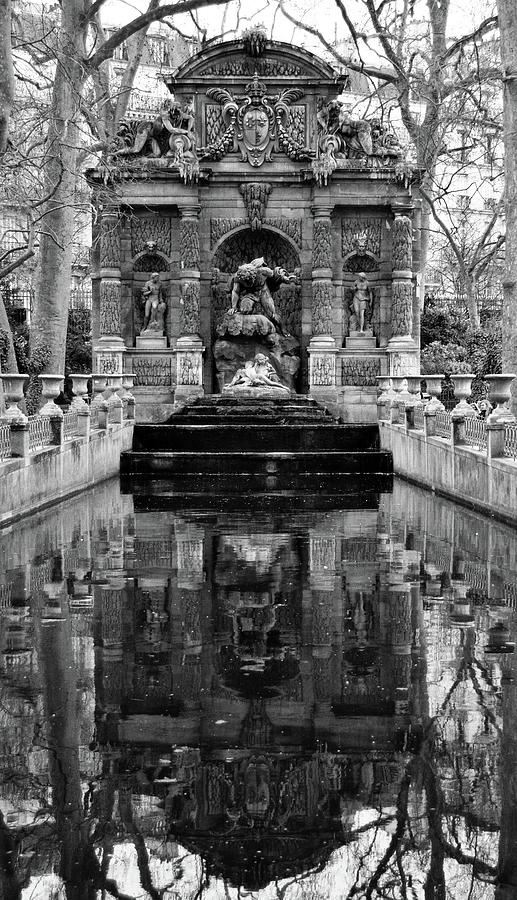Medici Fountain and Reflection Jardin du Luxembourg Paris France Black and White Photograph by Shawn OBrien