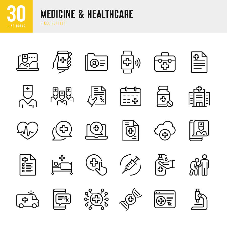 Medicine & Healthcare - thin line vector icon set. Pixel perfect. The set contains icons: Telemedicine, Doctor, Senior Adult Assistance, Pill Bottle, First Aid, Medical Exam, Medical Insurance. Drawing by Fonikum