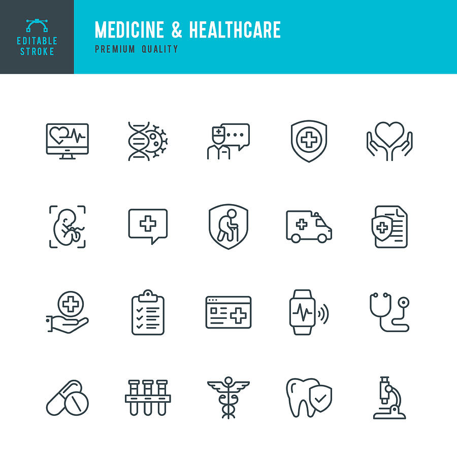 Medicine & Healthcare - vector line icon set. Editable Stroke. Perfect Pixels. Medicine, Insurance, Pregnancy, Ambulance car, Caduceus, Drawing by Fonikum