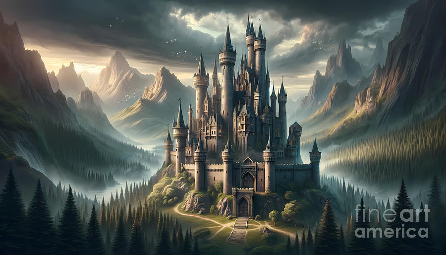 Castle Digital Art - Medieval Castle Fantasy, A grand castle surrounded by a mystical forest and mountains by Jeff Creation
