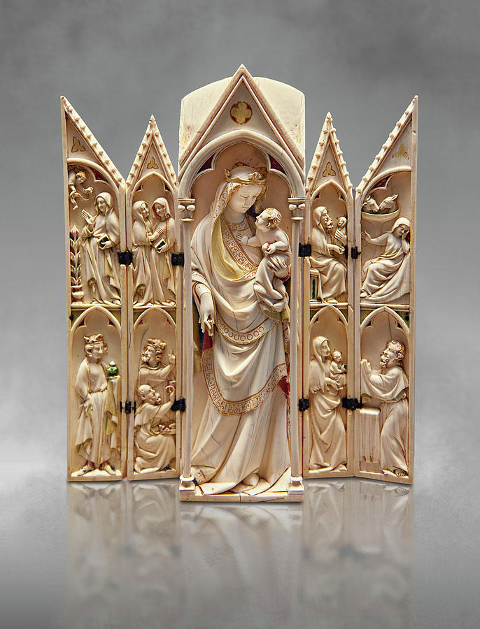 Medieval Gothic ivory tabernacle depicting the Virgin and Child - 14th century Sculpture by Paul E Williams