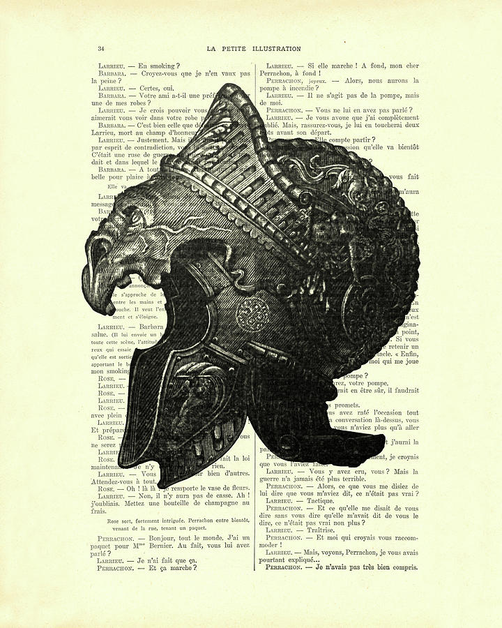 Knight Digital Art - Medieval helmet in black and white art by Madame Memento