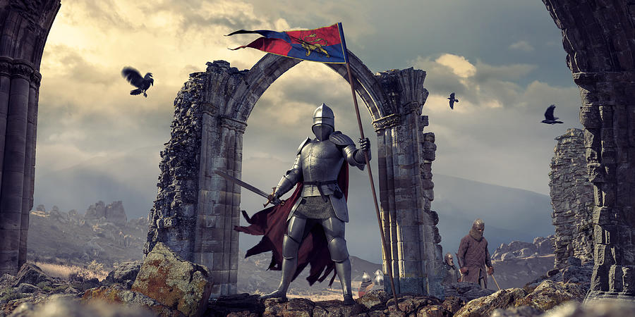 Medieval Knight In Armour With Flag and Sword Near Ruins Photograph by Peepo
