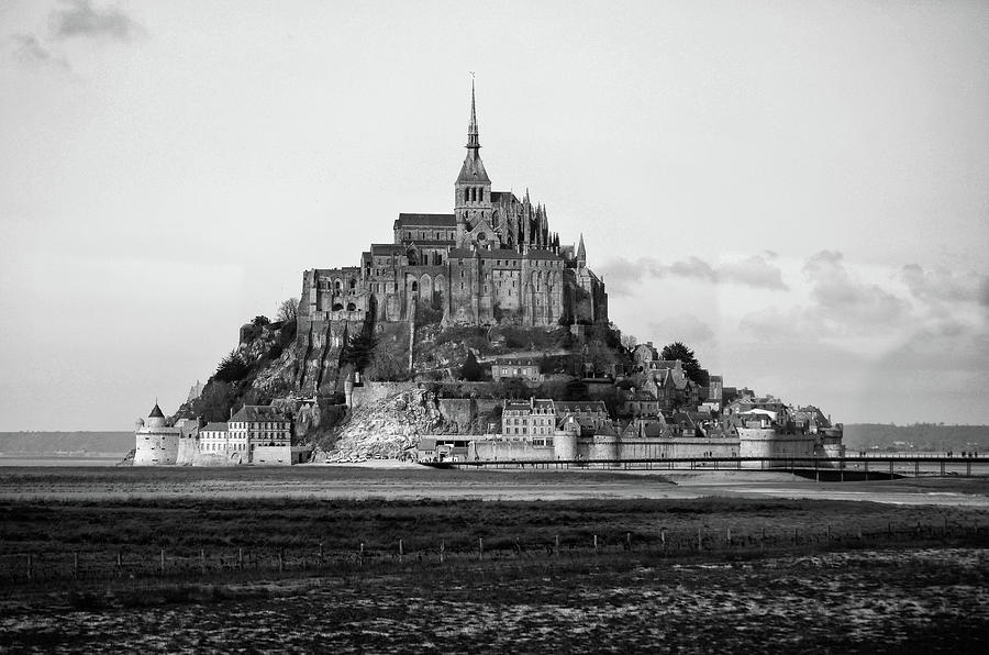 Medieval Mont Saint Michel Tidal Fortress Island Village and Abbey Normandy France Black and White Photograph by Shawn OBrien