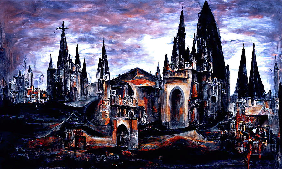 Medieval town in a Dark Fantasy world, 01 Painting by AM FineArtPrints