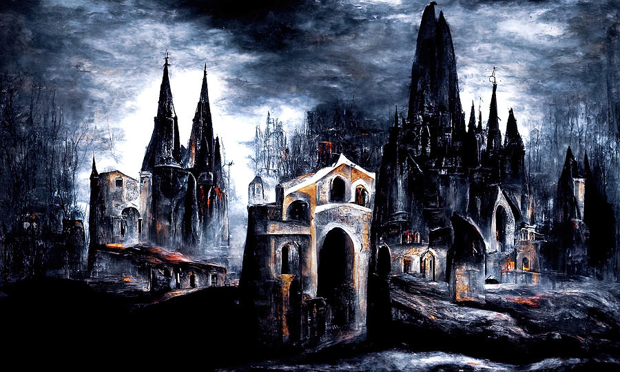Medieval town in a Dark Fantasy world, 02 Painting by AM FineArtPrints