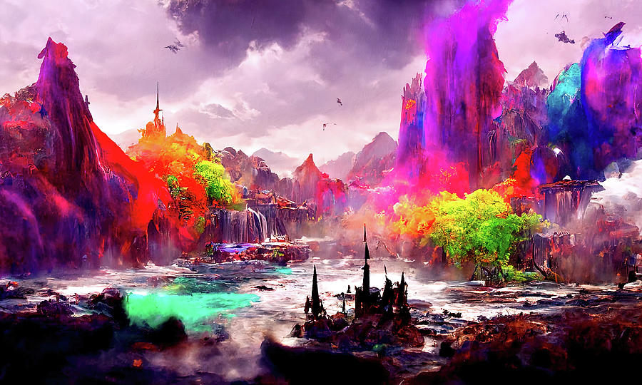 Medieval Town in a Fantasy Colorful World, 01 Painting by AM FineArtPrints